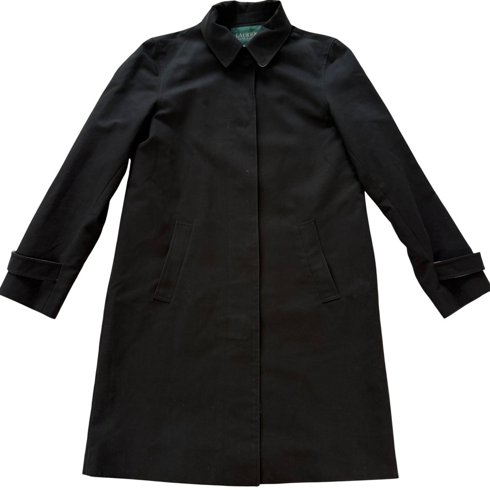Lauren Ralph Lauren Black Cotton Trench Coat Mac Jacket Womens Medium minimalist